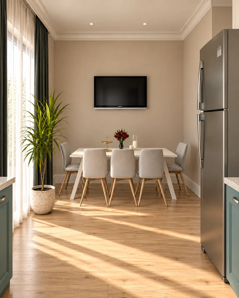 Kitchen dining corner with a white trestle table, light grey upholstered chairs and a potted palm