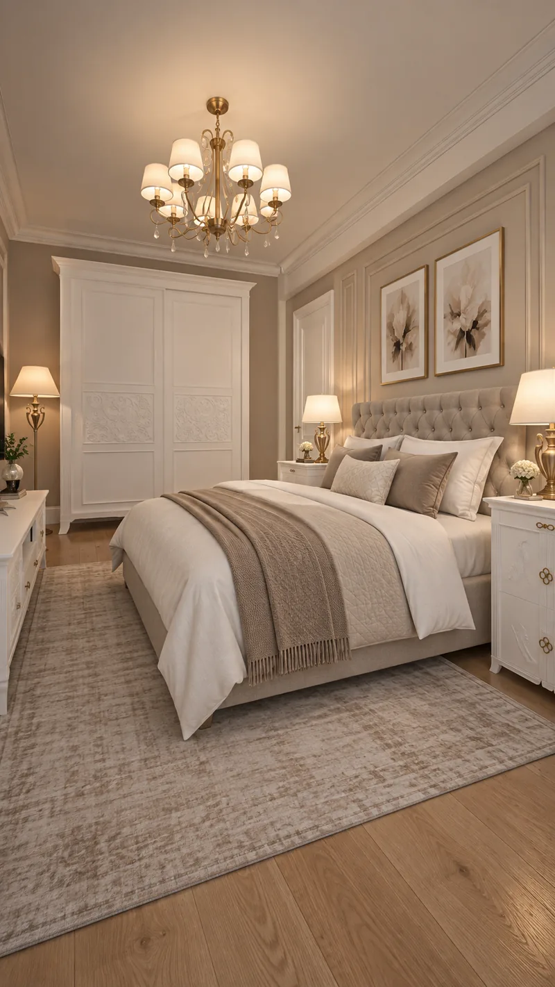 Modern master bedroom with tufted headboard and a white sliding wardrobe with carved panels