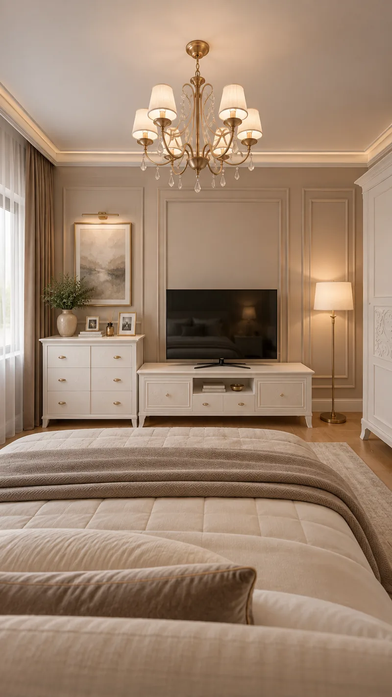 Master bedroom TV wall with a white chest of drawers, moulded taupe panels and crystal chandelier