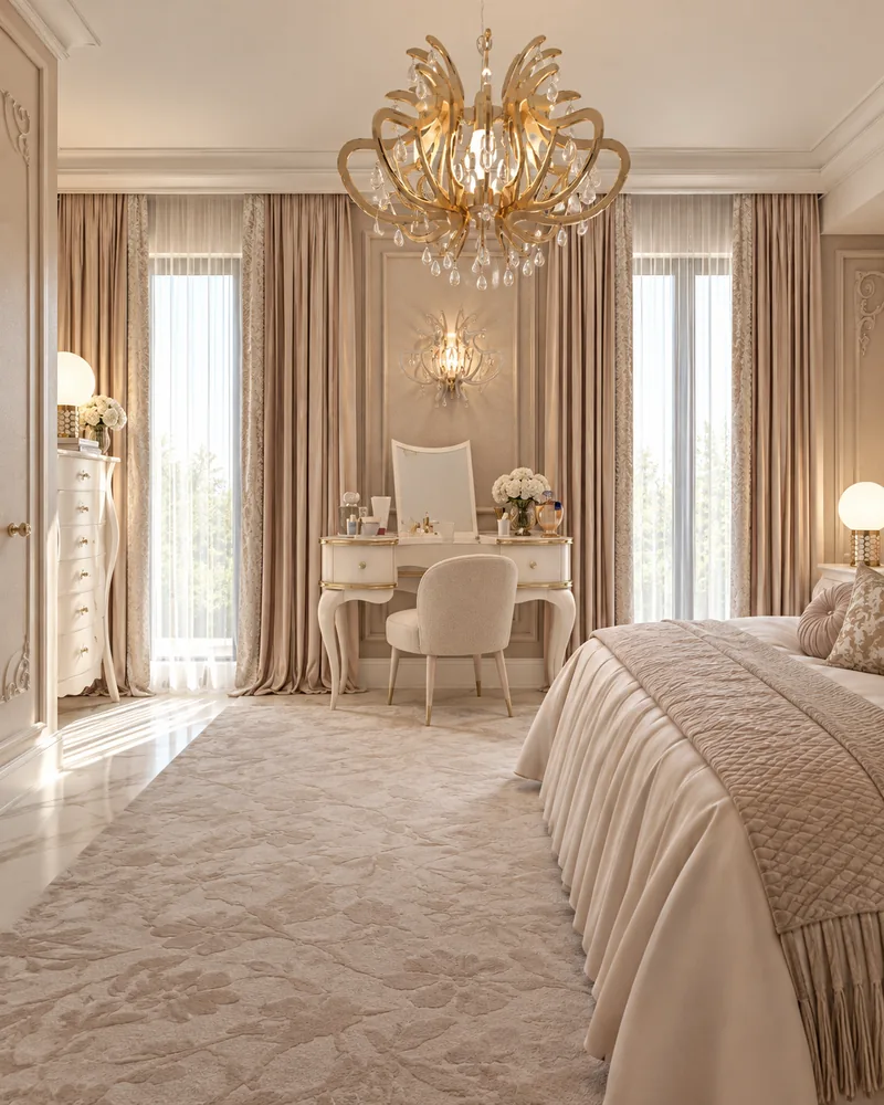 Bedroom design with a dressing table between tall windows, blush curtains and a white chest of drawers
