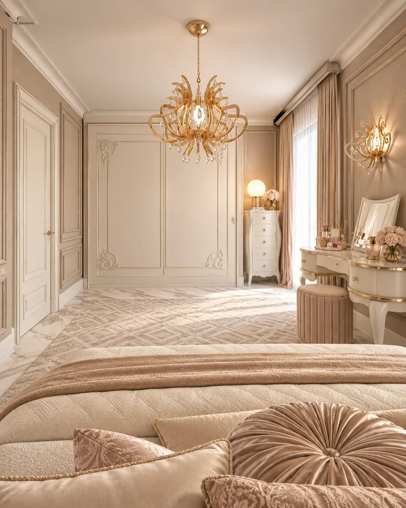 Bedroom view to a moulded ivory wardrobe, tall white chest and gold sculptural chandelier
