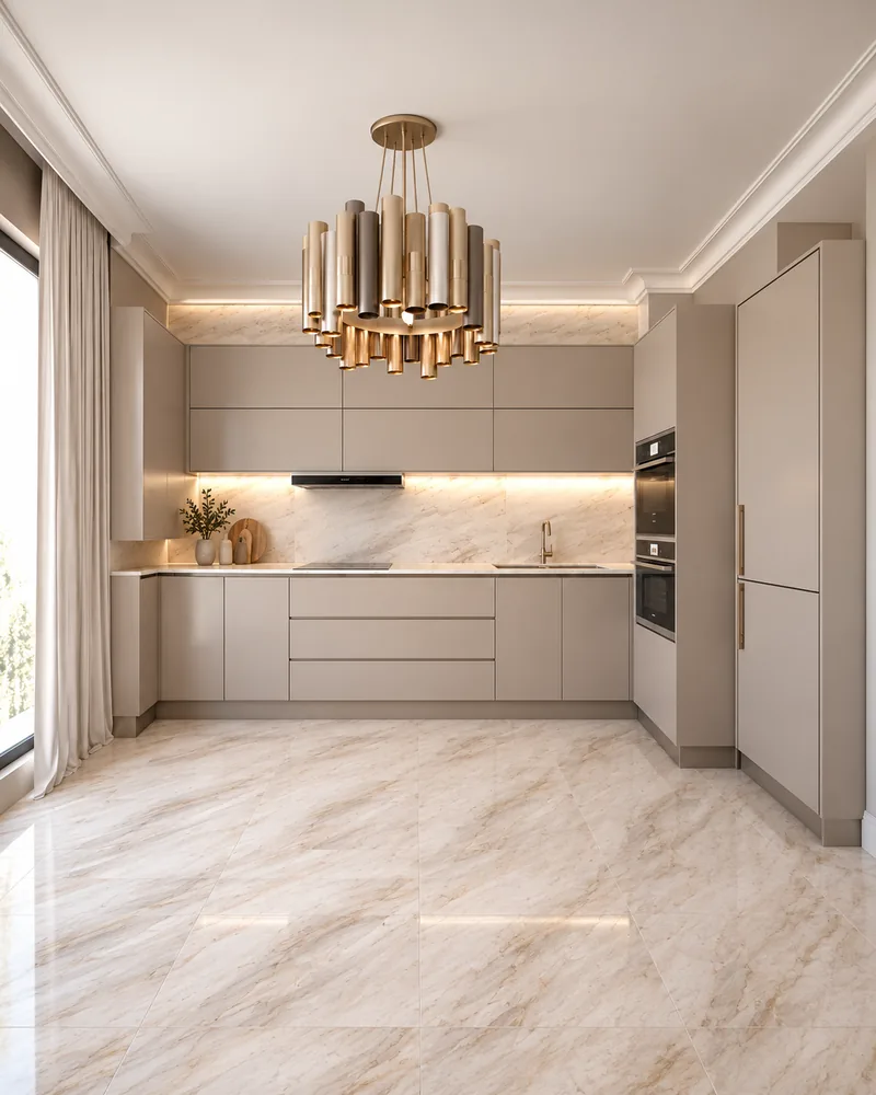 Kitchen with greige handleless cabinets and a lit marble splashback, high end interiors for a compact plan