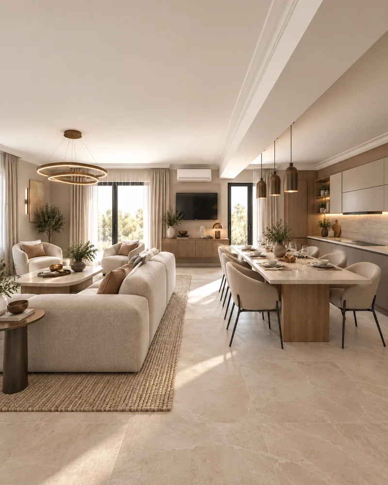 Open living and dining room with a boucle sofa and gold ring pendant, luxury interiors in one space
