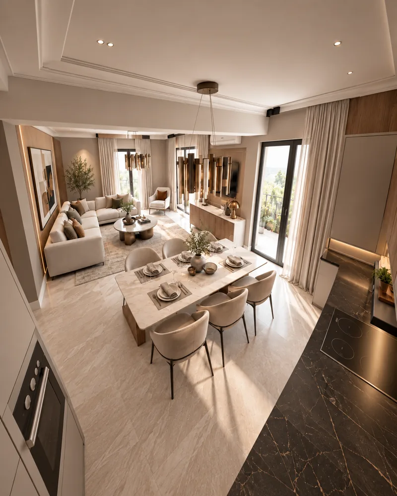 Living room interior seen from above, with L-shaped sofa, stone-top dining table and gold tube chandelier