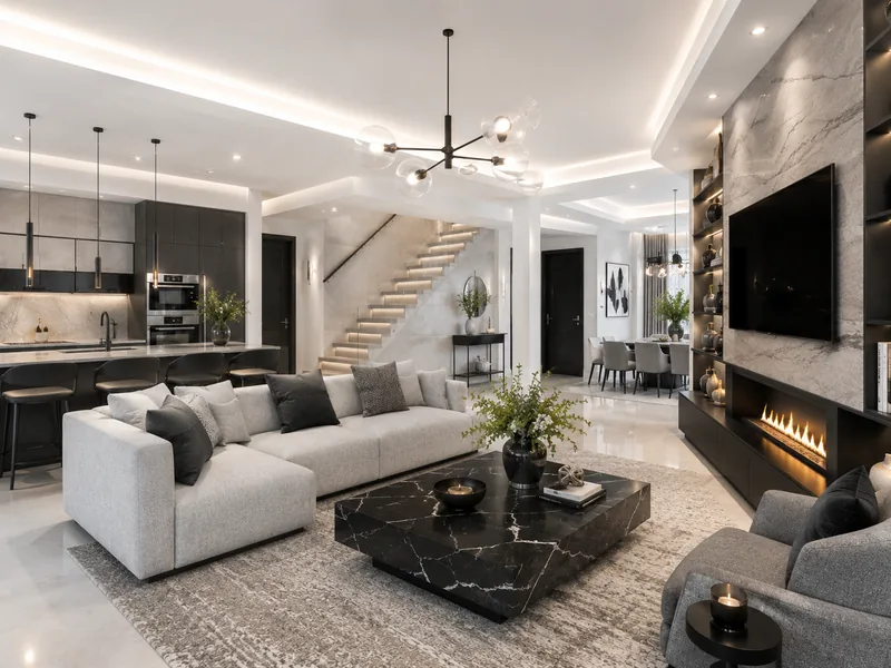 Modern open-plan living room with light grey sectional, black linear fireplace and the kitchen beyond