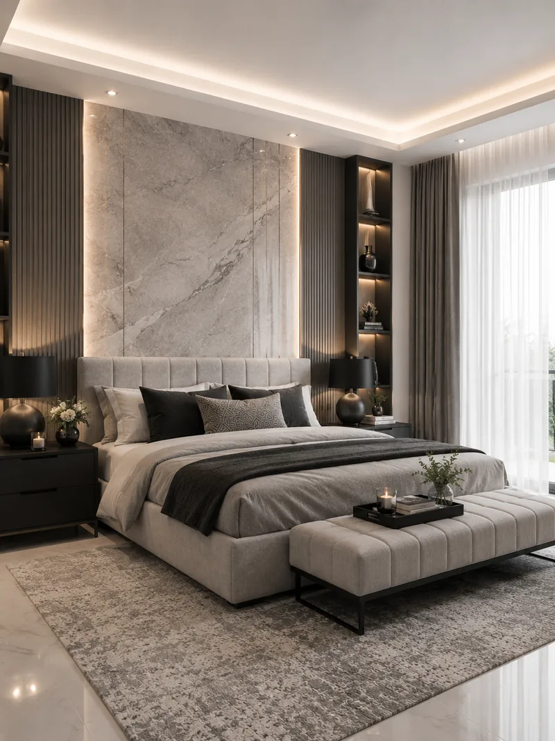 Modern master bedroom with grey upholstered bed, marble headboard wall and black side panels