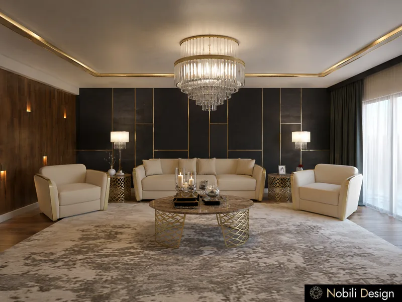 Living room design with cream sofa and armchairs, black panelled wall, walnut wall and crystal chandelier