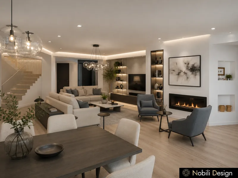 Open living and dining space with a wood table at the foot of the staircase and grey armchairs