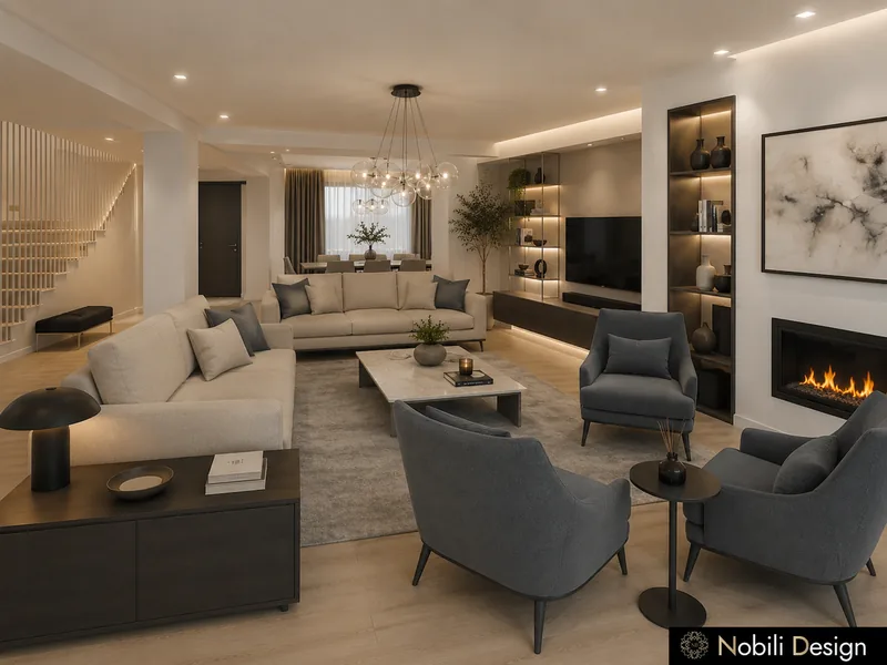 Open-plan living hall interior seen from the staircase, with fireplace wall, lit niches and grey armchairs
