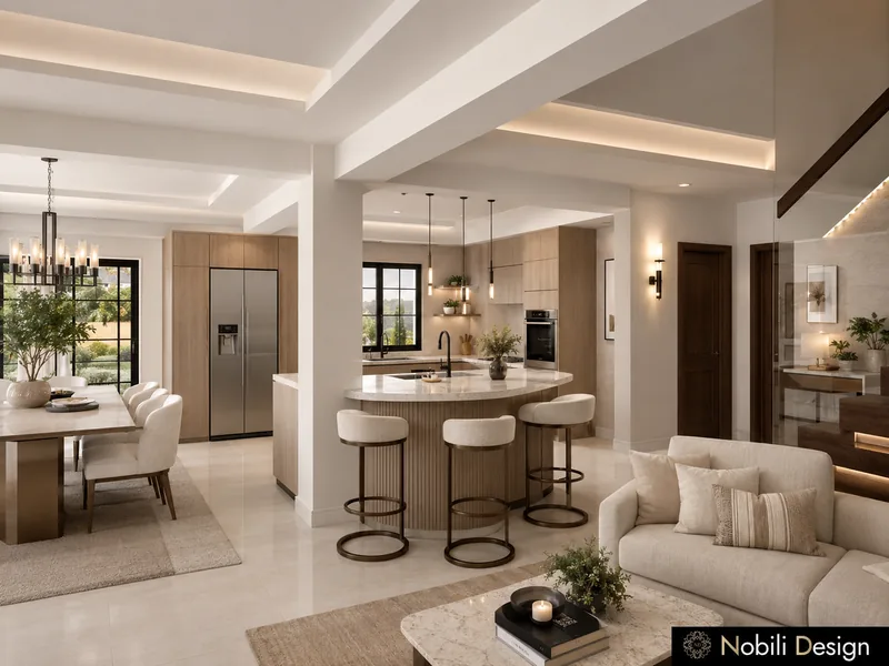 Open-plan kitchen design with a kitchen bar, dining table and a floating staircase behind