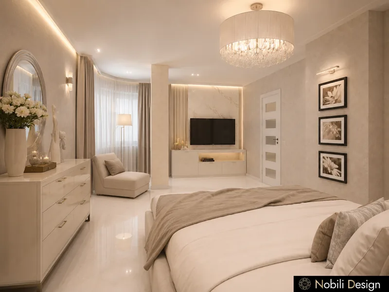 Modern bedroom design in ivory with a round mirror, framed prints, crystal chandelier and TV wall