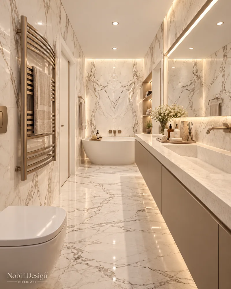 En-suite bathroom in white veined marble with freestanding bathtub and long taupe vanity, modern luxury interiors
