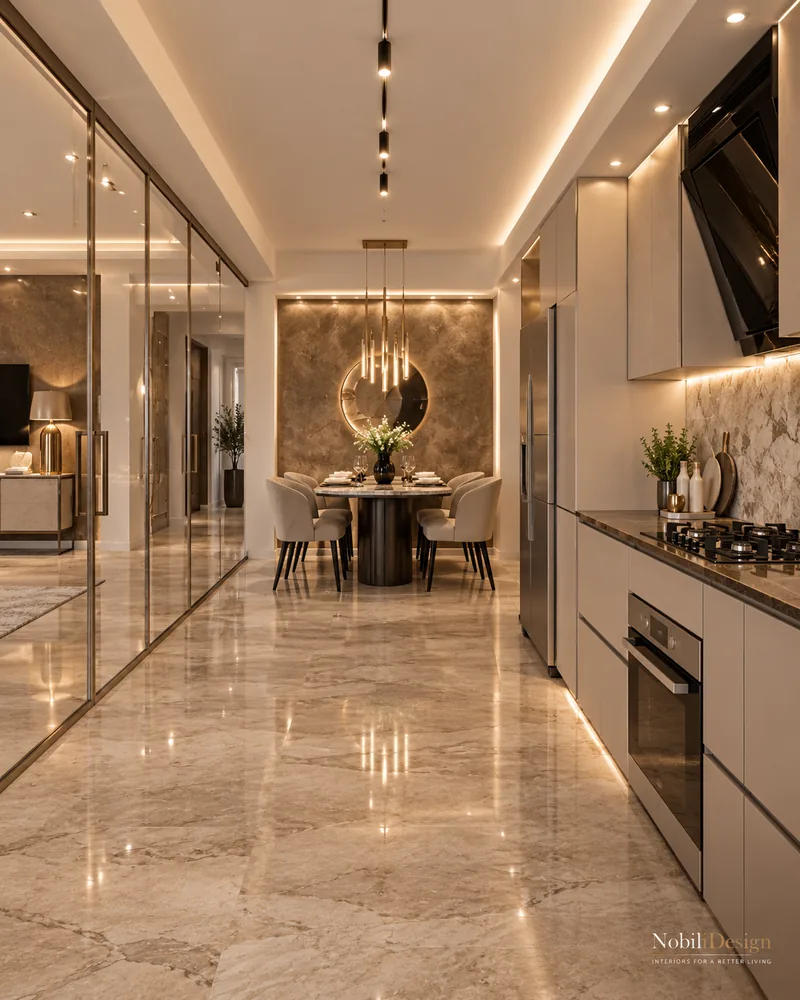 Modern kitchen design with taupe lacquer cabinets, marble backsplash and an angled black hood