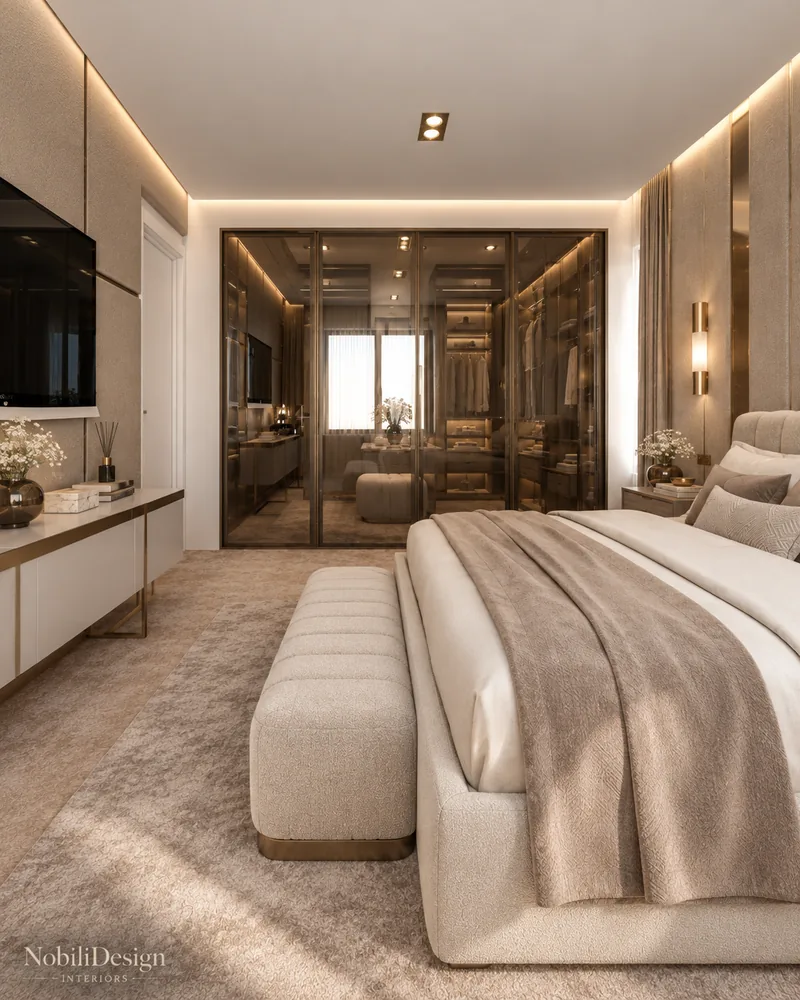 Master suite design with smoked glass sliding doors to the walk-in closet and a boucle bench