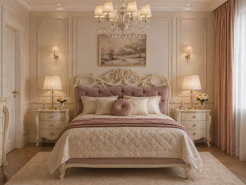 New classic master bedroom interior design with carved ivory bed, blush tufted headboard and chandelier
