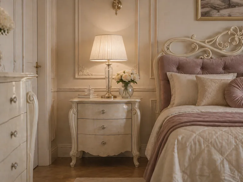 Bedroom design detail with an ivory bedside table on carved legs beside a blush tufted bed and glass lamp