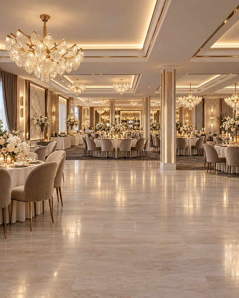 Luxury ballroom interior with stone floor, columns with brass trim, coffered ceiling and crystal chandeliers