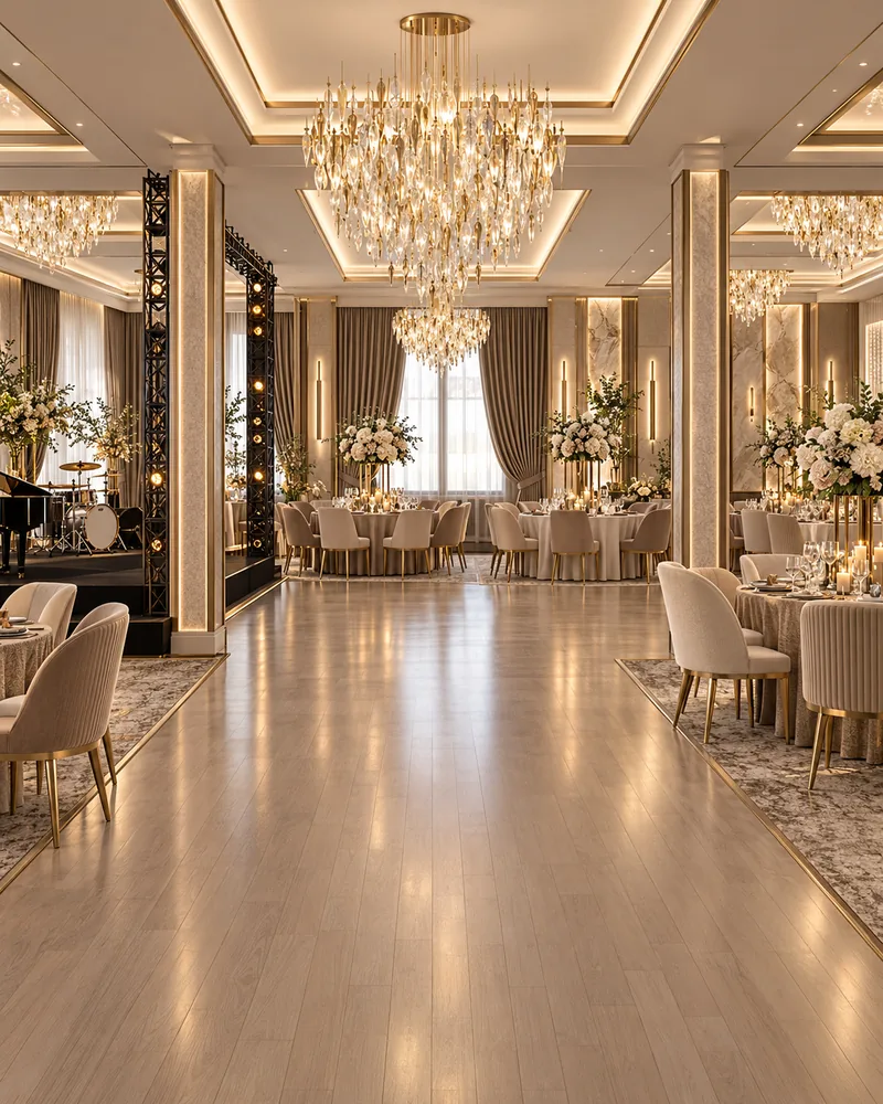 Modern ballroom dance floor in pale wood between banquet tables, with a truss stage and grand piano