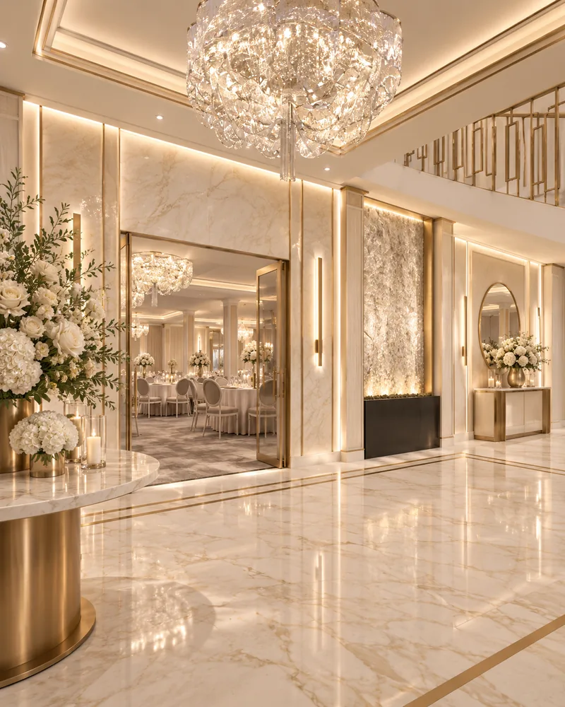 Luxury event venue lobby with polished marble floor, faceted crystal chandelier and a lit crystal wall