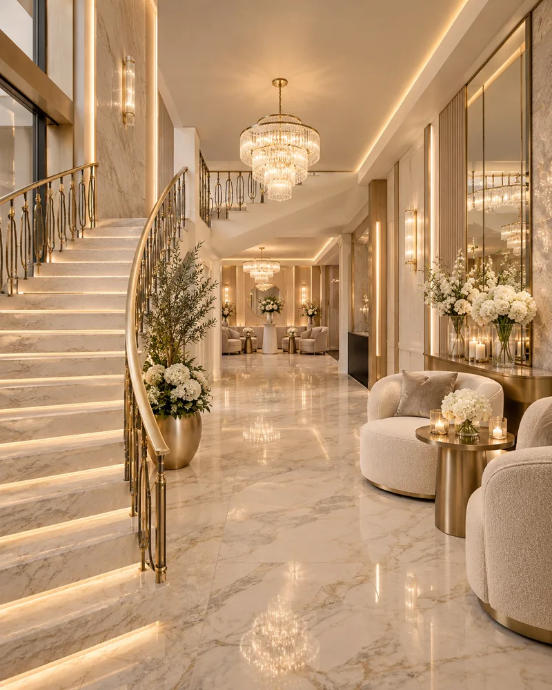Event venue interior design of a staircase foyer with curved marble stairs, LED-lit treads and brass balustrade