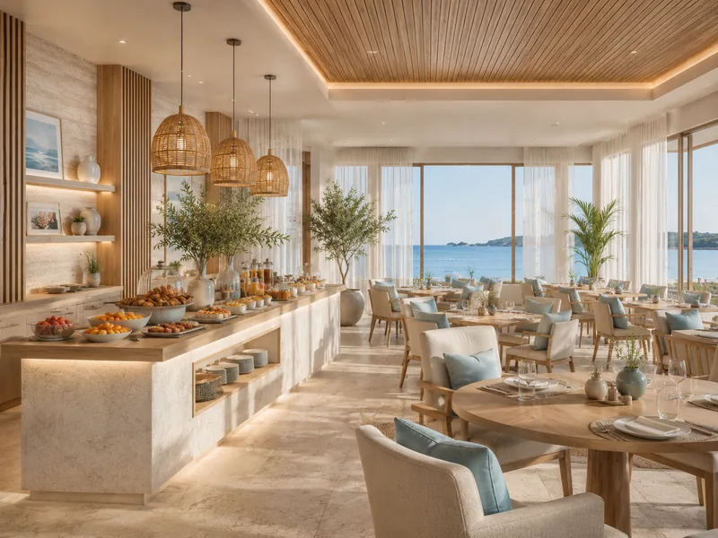 Hotel restaurant interior design with travertine buffet counter, rattan pendants and sea view
