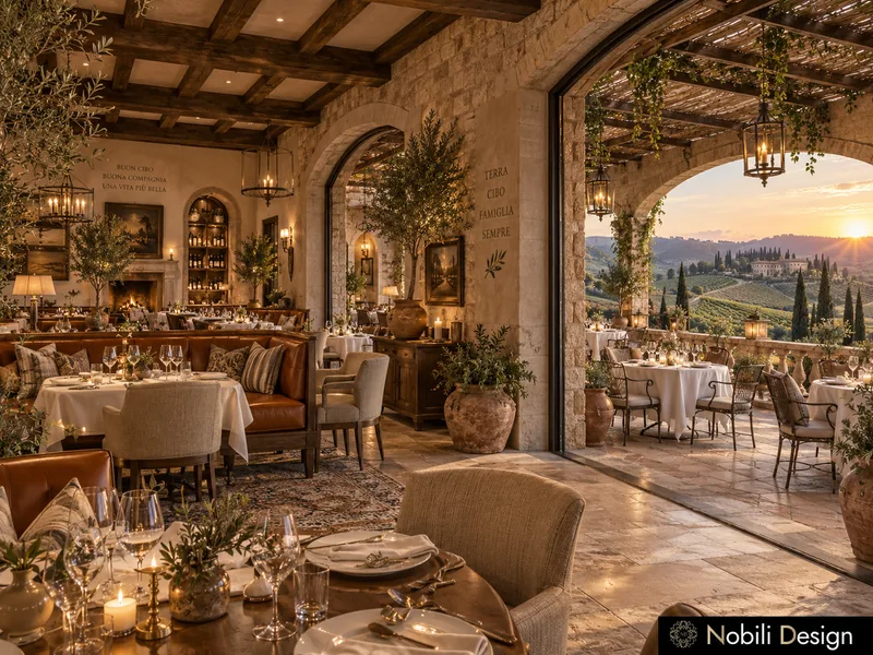 Tuscan dining room with leather banquettes, oak beams, iron lanterns and stone arches to the terrace