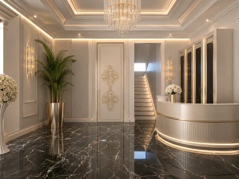 Luxury event venue reception with curved ivory counter, black marble floor and gold carved panels