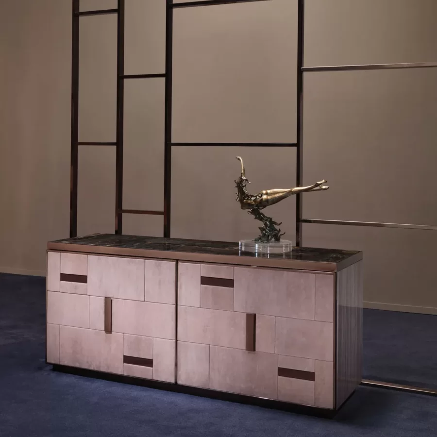 Cromo Dresser by Epoque, Italian bedroom set, in leather, chest of drawers
