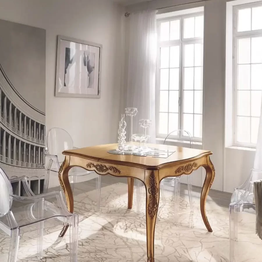 New Deco Hand-Carved Extending Table, Square by Francesco Pasi, dining room set, 112 to 162 cm wide