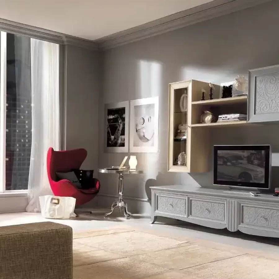 New Deco Wall Composition 2 by Francesco Pasi, Harmony: A Classic Living Room in Natural Wood with Modern Lines