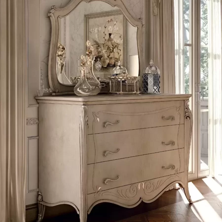 Opera Shaped Chest of Drawers, 3 Drawers, Carved "B" Decoration by Francesco Pasi, bedroom dresser, 146 cm wide