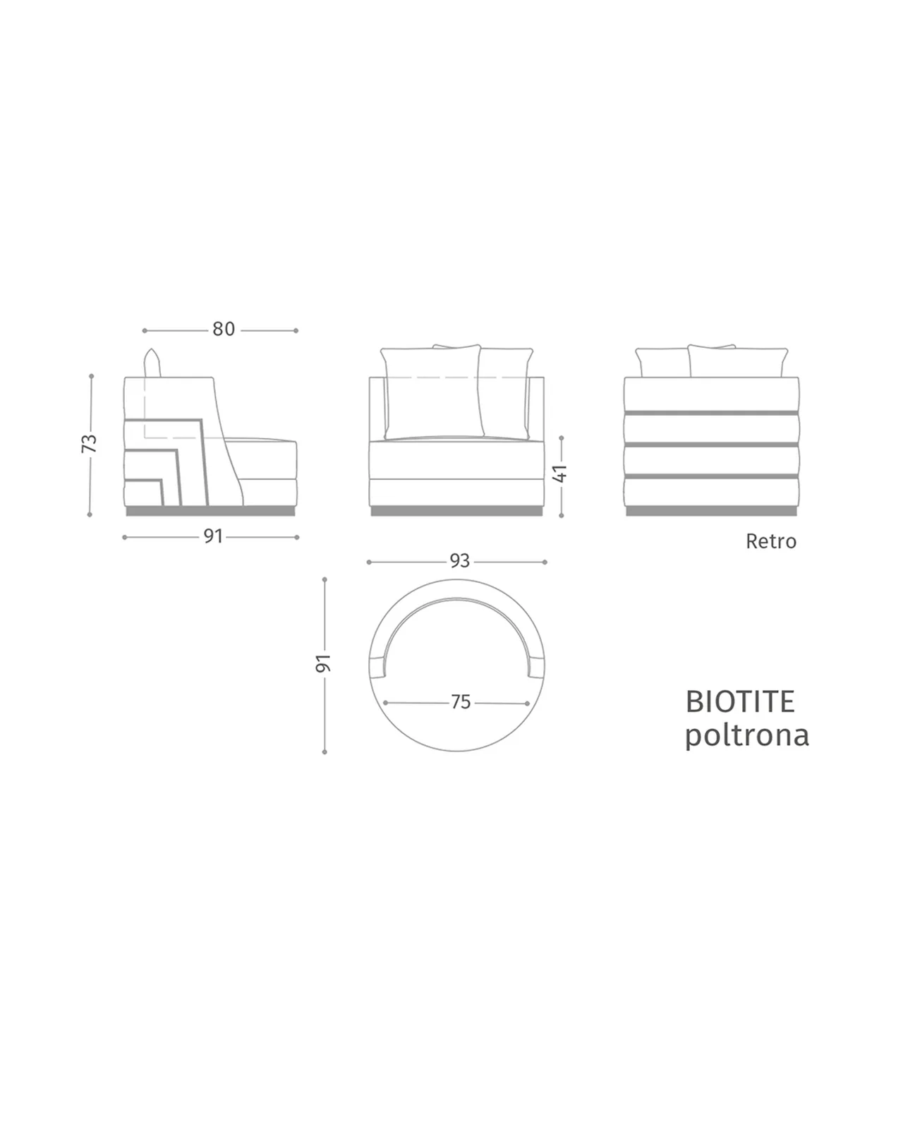Biotite Armchair by Epoque, Exence collection, armchair technical drawing with dimensions, photo 3 of 3