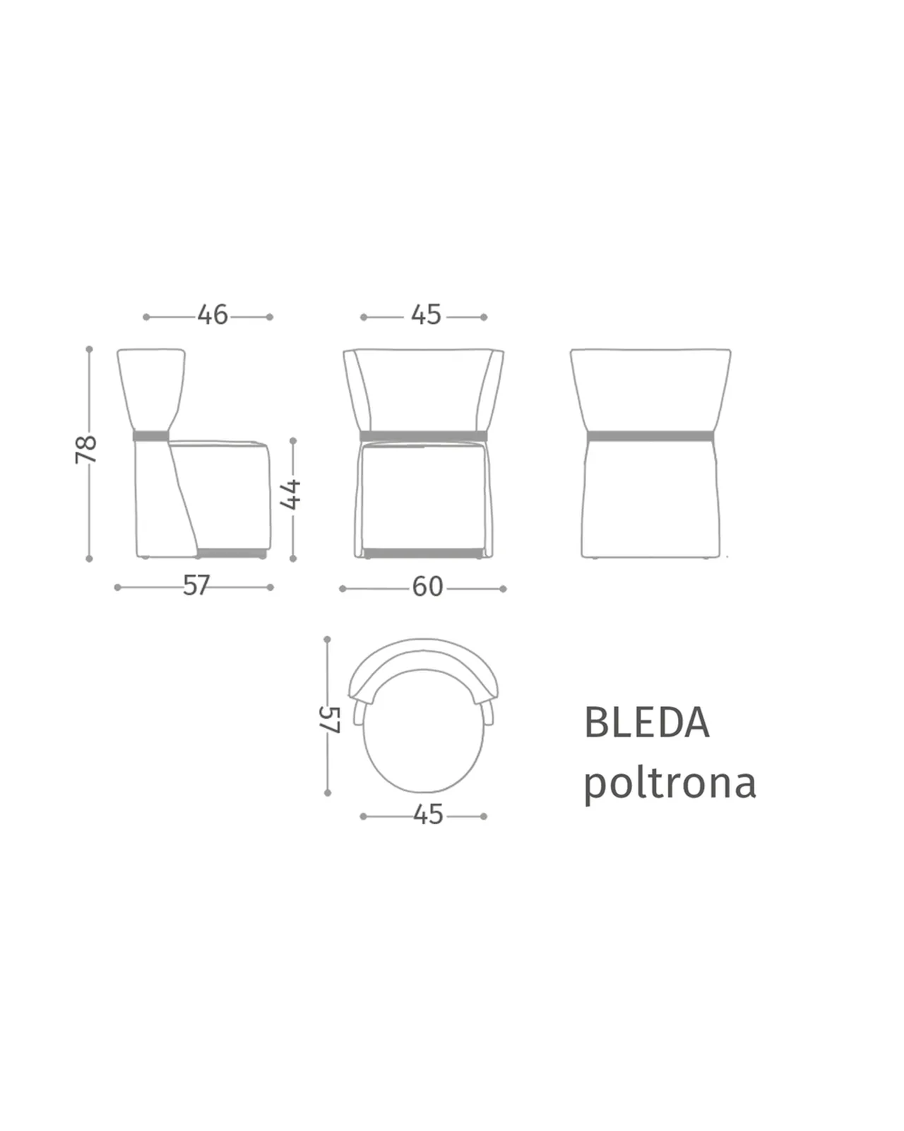 Poltrona Bleda di Epoque, collezione Exence, disegno tecnico della poltrona con dimensioni, foto 3 di 3