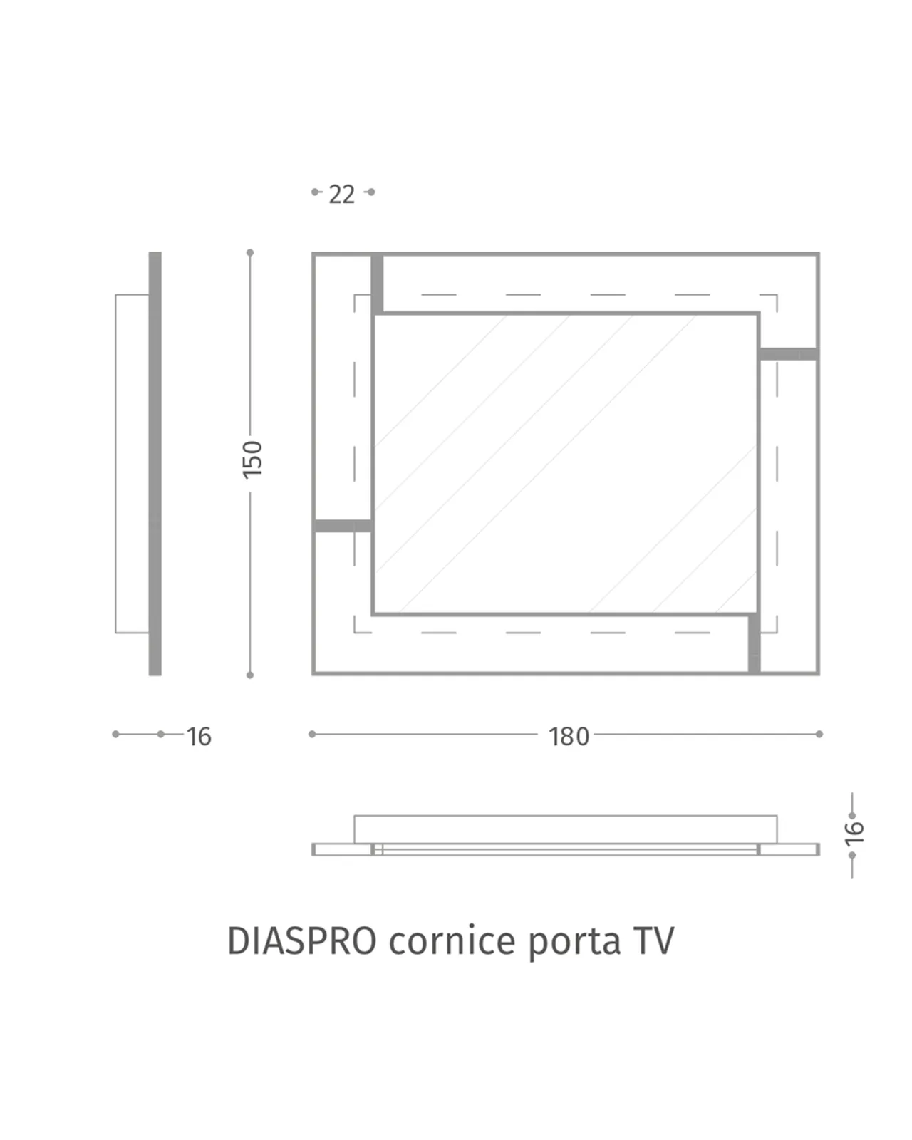 Cornice TV Diaspro di Epoque, collezione Exence, disegno tecnico della cornice TV con dimensioni, foto 2 di 2
