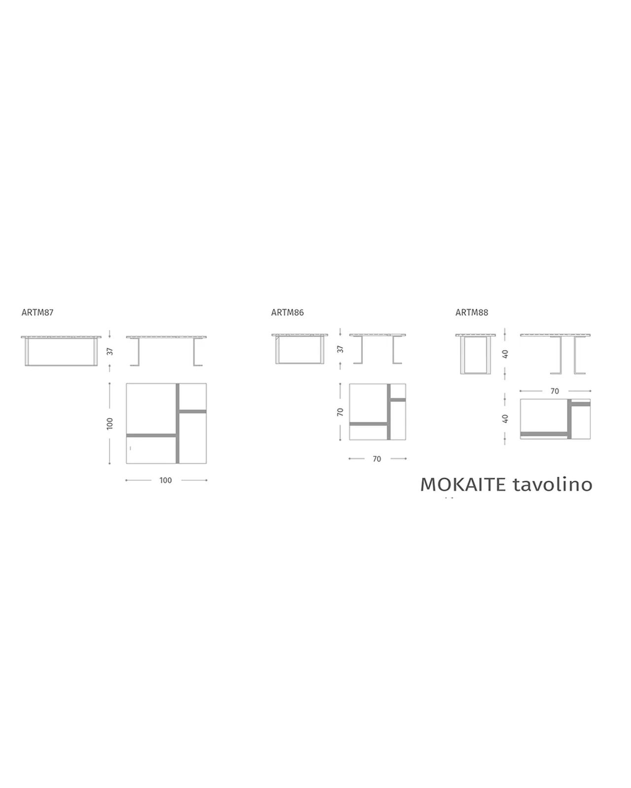 Tavolino Mokaite di Epoque, collezione Exence, disegno tecnico del tavolino con dimensioni, foto 3 di 3