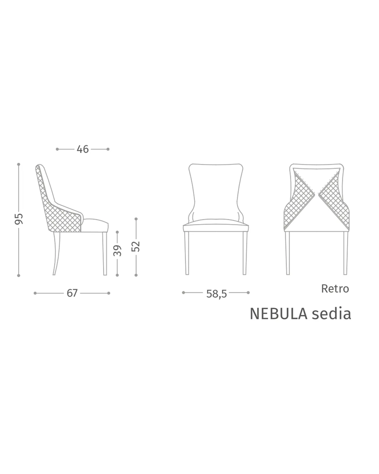 Nebula Dining Chair by Epoque, Exence collection, dining chair technical drawing with dimensions, photo 3 of 3