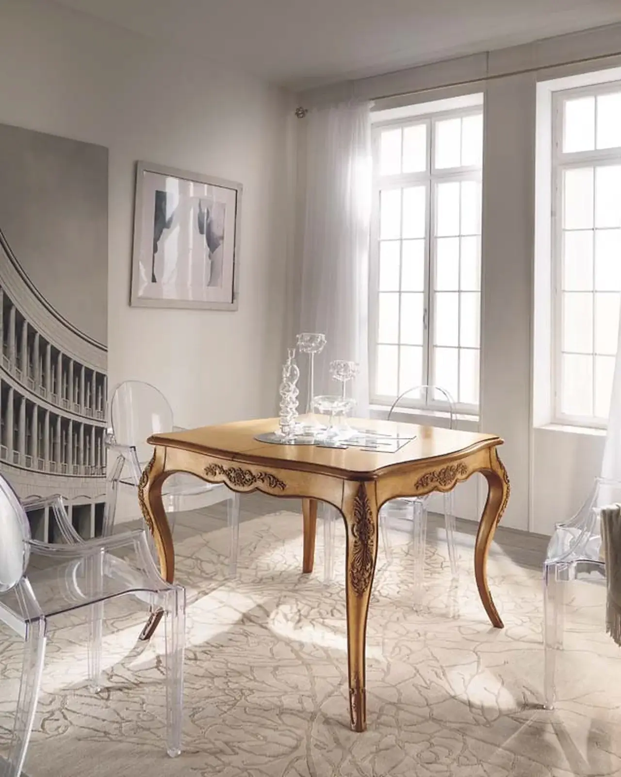 New Deco Hand-Carved Extending Table, Square by Francesco Pasi, Italian art deco furniture, extendable dining table