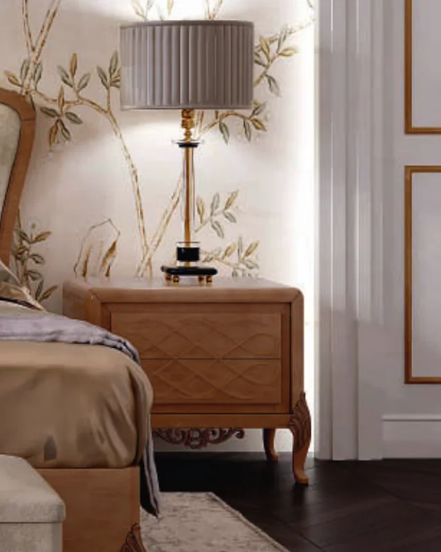 Ocean Nightstand, Touch-decor carved facade, Hand-carved legs by Francesco Pasi, in an interior setting, photo 1 of 2