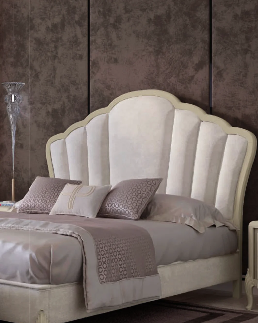 Ocean Shell-shaped Bed, Upholstered Frame, Hand-carved legs by Francesco Pasi, modern Italian bedroom set
