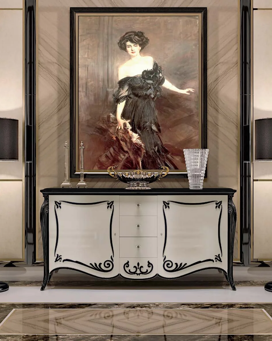 Opera Shaped Sideboard, Carved "B" Decoration, 2 Doors 3 Drawers by Francesco Pasi, Veneto carved furniture for the living room