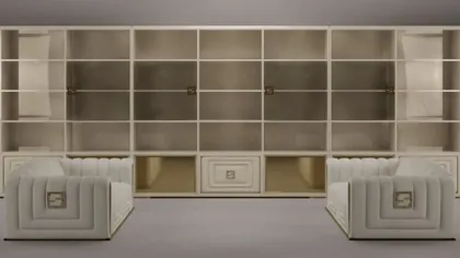 Libreria a parete moderna Collier color avorio, pensata per un'organizzazione di lusso nei soggiorni contemporanei.