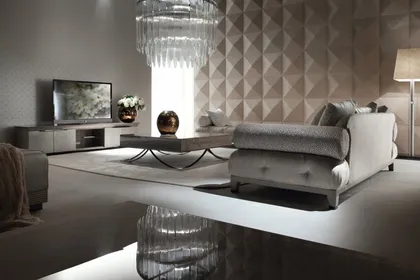 Refined fixed sofa featuring deep cushions and structural elegance for a sophisticated modern home atmosphere.