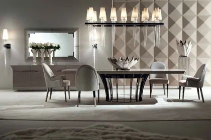 Modern upholstered side chair from the Alchemy collection designed to coordinate with refined dining tables.
