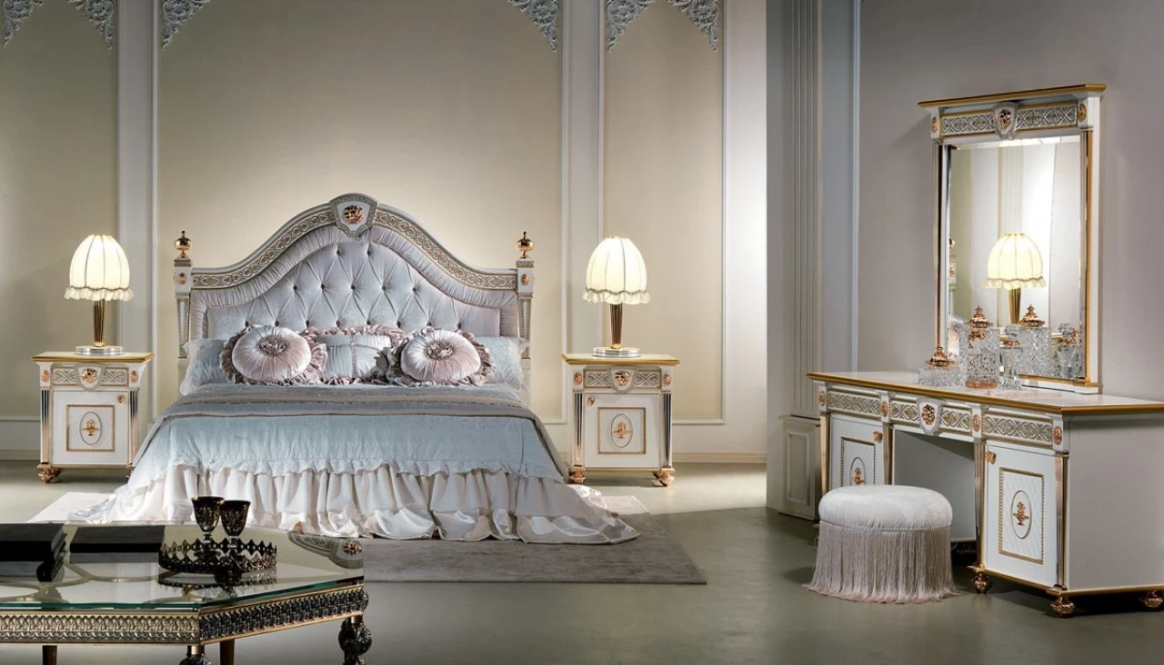 Classic Italian bedroom in light tones with a capitonné bed, Italian furniture in Milan